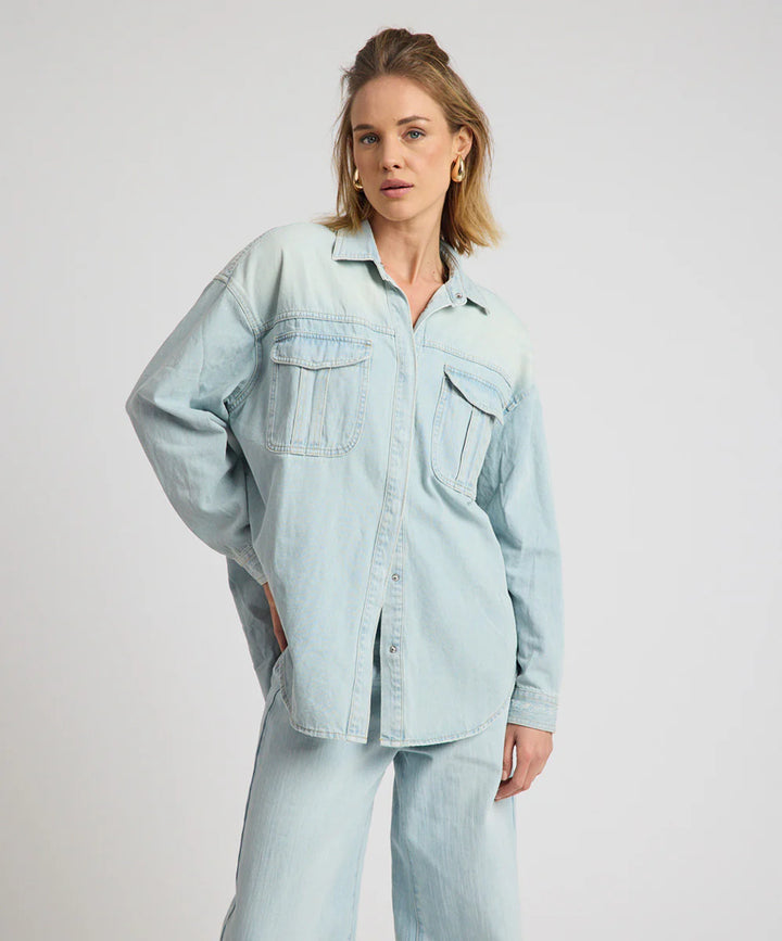 ONE TEASPOON Womens Daydream Heart Oversized Denim Shirt in Sea Mist Blue, WOMENS TOPS & SHIRTS, OneTeaspoon, Elwood 101