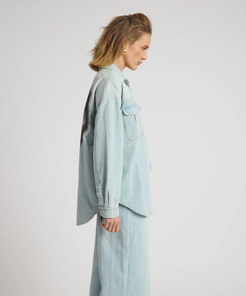 ONE TEASPOON Womens Daydream Heart Oversized Denim Shirt in Sea Mist Blue, WOMENS TOPS & SHIRTS, OneTeaspoon, Elwood 101
