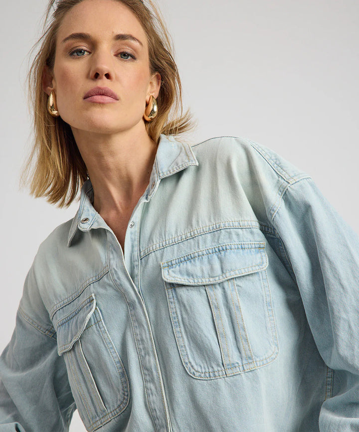 ONE TEASPOON Womens Daydream Heart Oversized Denim Shirt in Sea Mist Blue, WOMENS TOPS & SHIRTS, OneTeaspoon, Elwood 101
