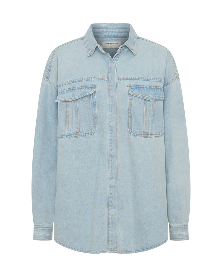 ONE TEASPOON Womens Daydream Heart Oversized Denim Shirt in Sea Mist Blue, WOMENS TOPS & SHIRTS, OneTeaspoon, Elwood 101