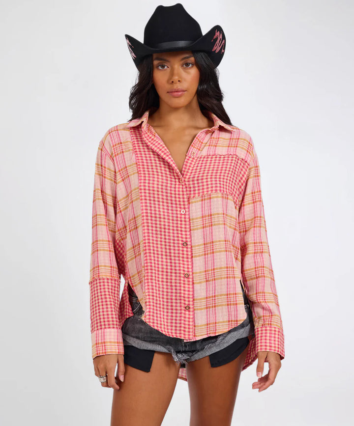 ONE TEASPOON Womens Flannel Checked Cotton Muslin Shirt in Pink Check