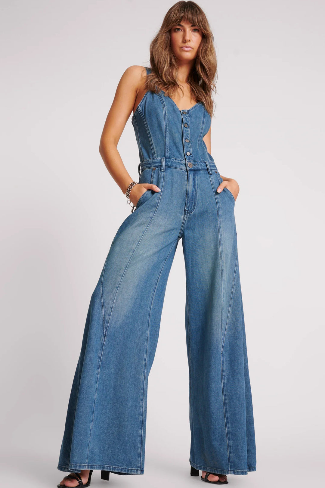 ONE TEASPOON Womens Gritty Blue Freida Fit n Flare Denim Jumpsuit - Gritty Blue, WOMENS JUMPSUITS & OVERALLS, OneTeaspoon, Elwood 101