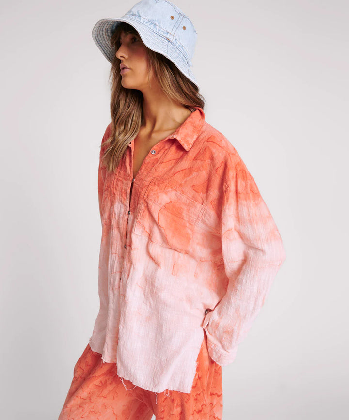 ONE TEASPOON Womens Hand Painted Sunset Muslin Longline Shirt - Coral, WOMENS TOPS & SHIRTS, OneTeaspoon, Elwood 101