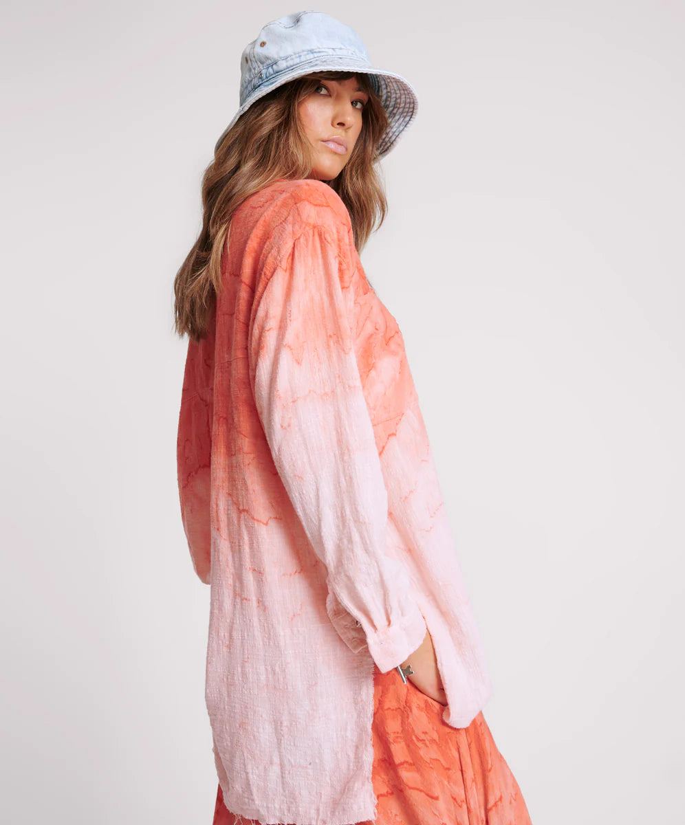 ONE TEASPOON Womens Hand Painted Sunset Muslin Longline Shirt - Coral, WOMENS TOPS & SHIRTS, OneTeaspoon, Elwood 101