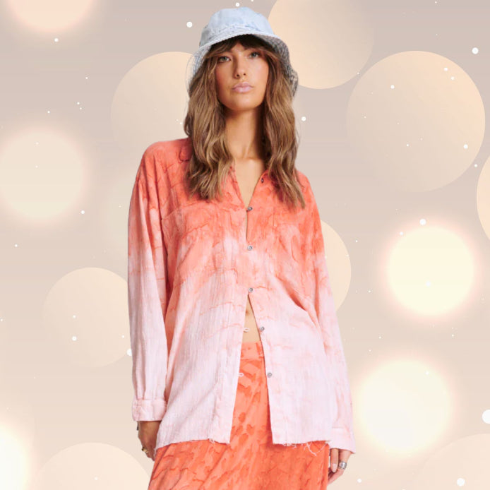 ONE TEASPOON Womens Hand Painted Sunset Muslin Longline Shirt - Coral, WOMENS TOPS & SHIRTS, OneTeaspoon, Elwood 101