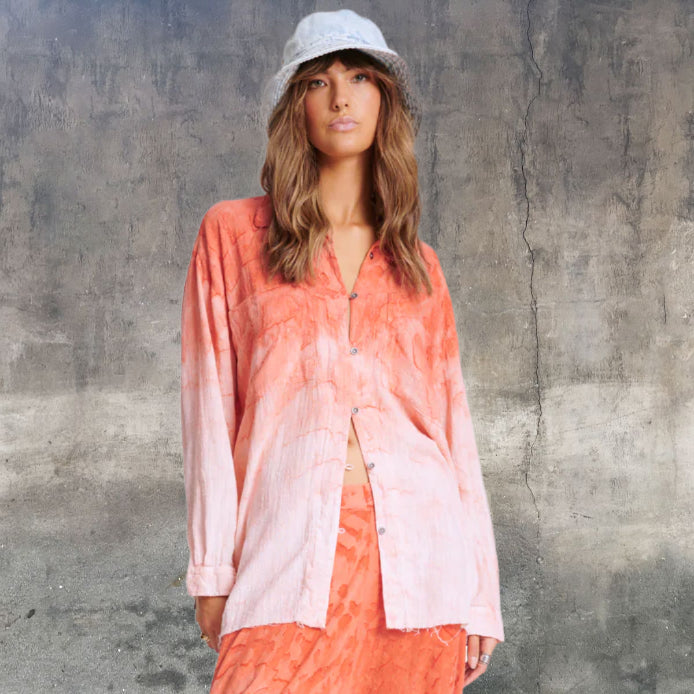 ONE TEASPOON Womens Hand Painted Sunset Muslin Longline Shirt - Coral, WOMENS TOPS & SHIRTS, OneTeaspoon, Elwood 101