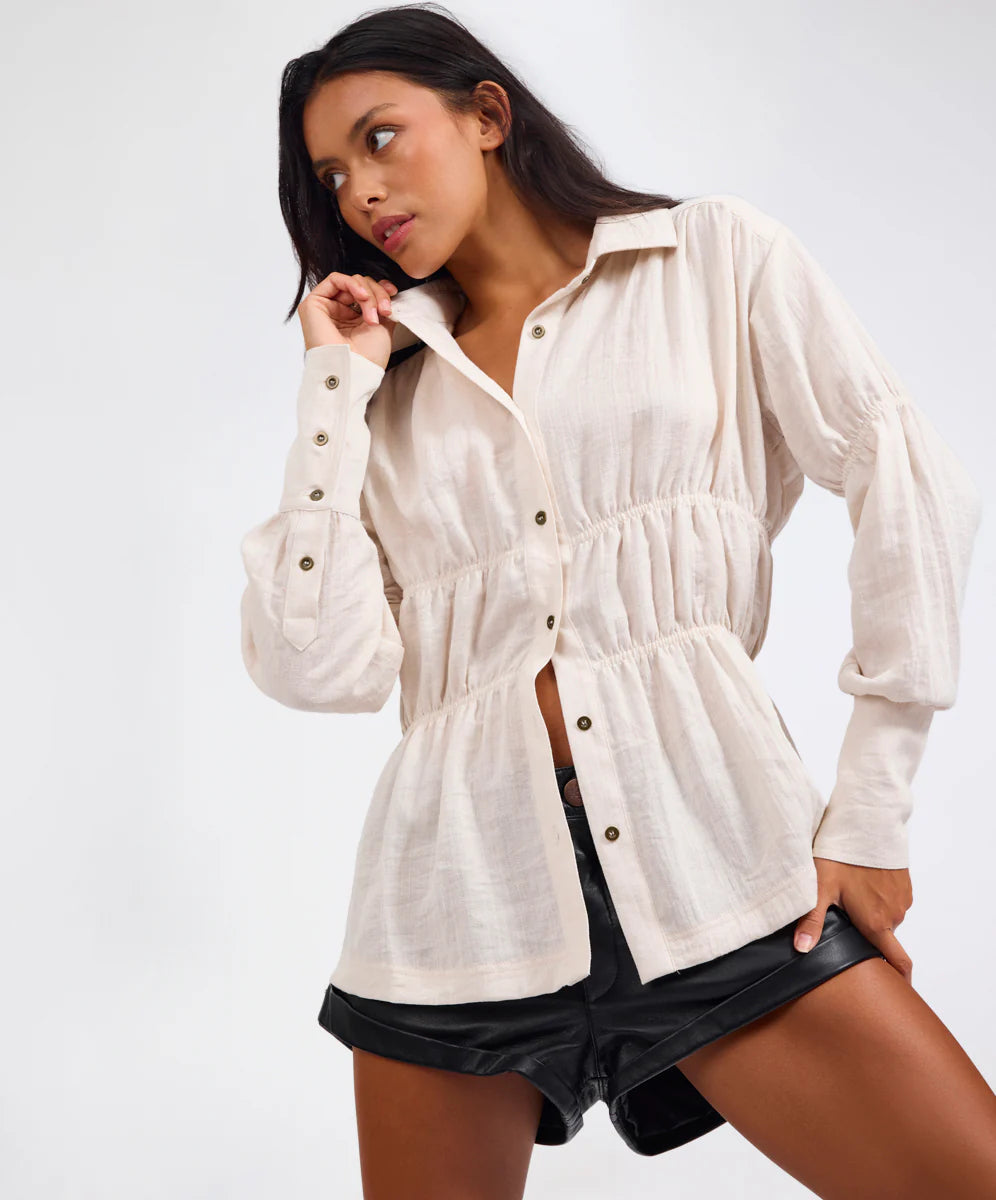 ONE TEASPOON Womens Harper Ruched Long Sleeve Shirt in Cream, WOMENS TOPS & SHIRTS, OneTeaspoon, Elwood 101