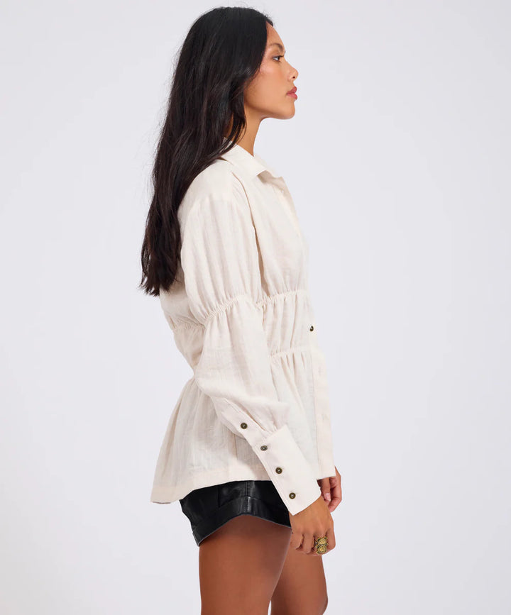 ONE TEASPOON Womens Harper Ruched Long Sleeve Shirt in Cream, WOMENS TOPS & SHIRTS, OneTeaspoon, Elwood 101