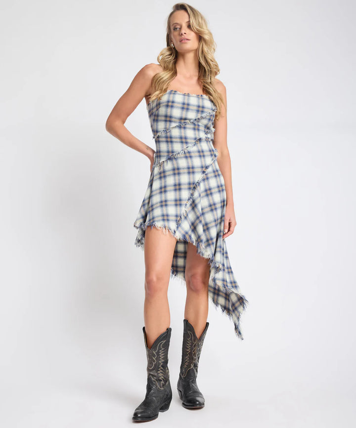ONE TEASPOON Womens Heart Of Glass Asymmetrical Flannel Mini Dress in Blue & White Check, WOMENS DRESSES, OneTeaspoon, Elwood 101