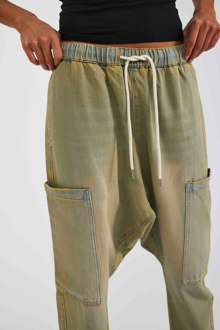 ONE TEASPOON Womens Isla Low Waist Drawstring Harem Denim Jeans in Warm Khaki, WOMENS DENIM, OneTeaspoon, Elwood 101