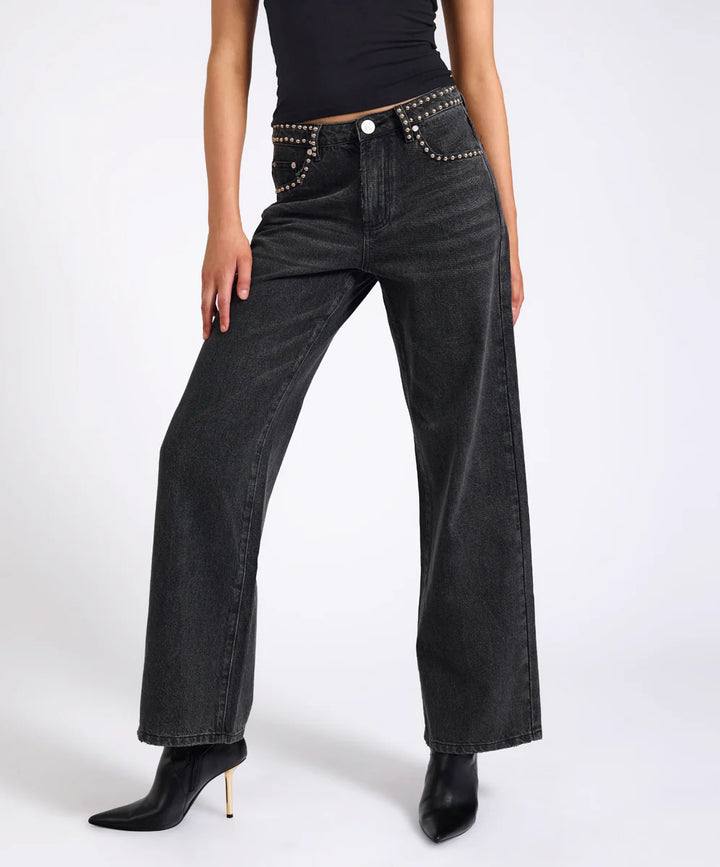 ONE TEASPOON Womens Jackson Mid Waist Wide Leg Studded Denim Jeans in Black