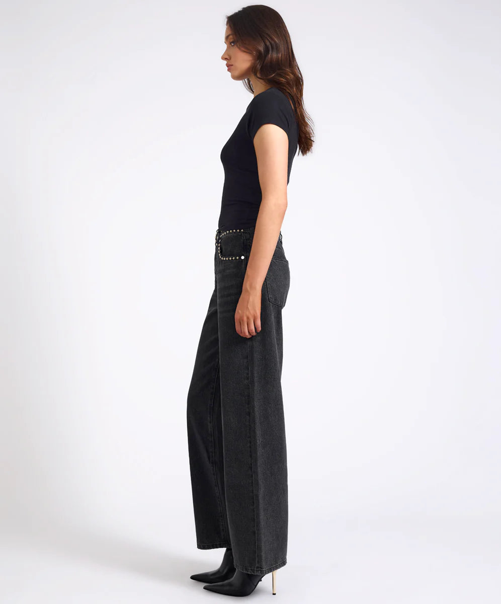ONE TEASPOON Womens Jackson Mid Waist Wide Leg Studded Denim Jeans in Black