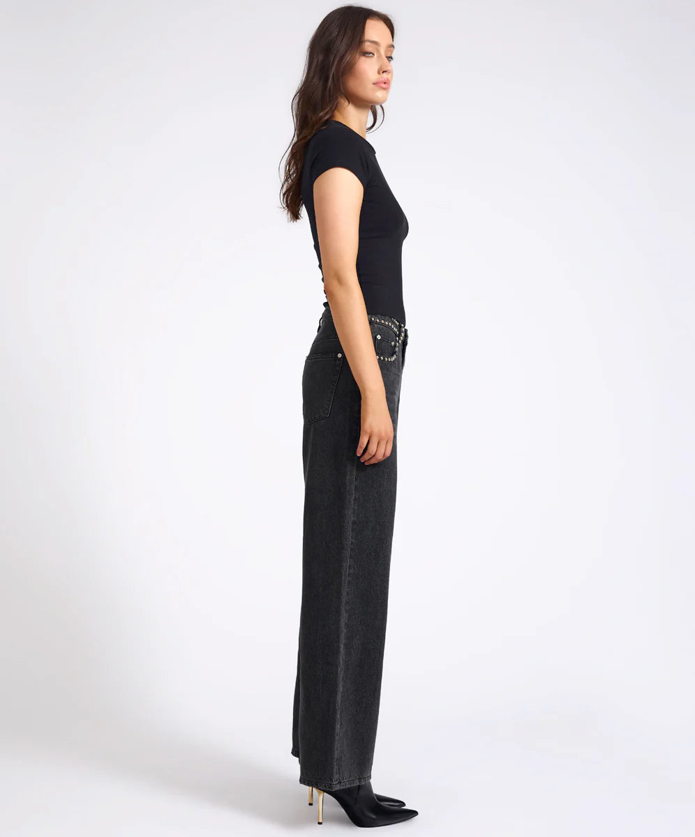 ONE TEASPOON Womens Jackson Mid Waist Wide Leg Studded Denim Jeans in Black