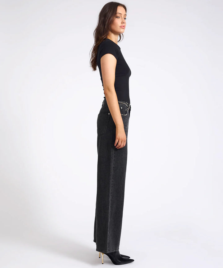 ONE TEASPOON Womens Jackson Mid Waist Wide Leg Studded Denim Jeans in Black
