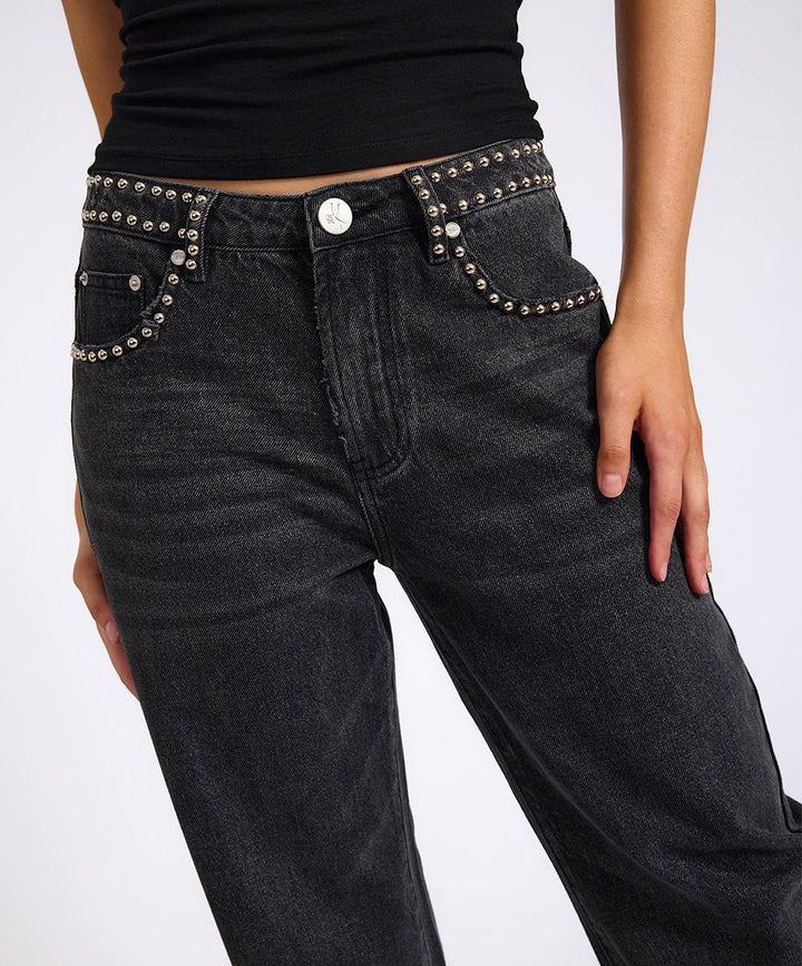 ONE TEASPOON Womens Jackson Mid Waist Wide Leg Studded Denim Jeans in Black