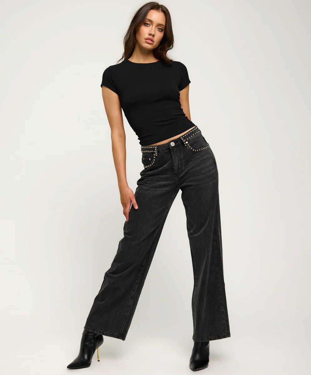 ONE TEASPOON Womens Jackson Mid Waist Wide Leg Studded Denim Jeans in Black