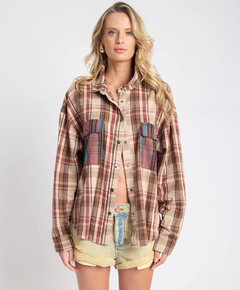ONE TEASPOON Womens Prairie Check Daria Shirt in Sand Check, WOMENS TOPS & SHIRTS, OneTeaspoon, Elwood 101