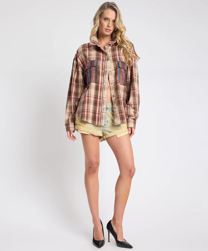 ONE TEASPOON Womens Prairie Check Daria Shirt in Sand Check, WOMENS TOPS & SHIRTS, OneTeaspoon, Elwood 101