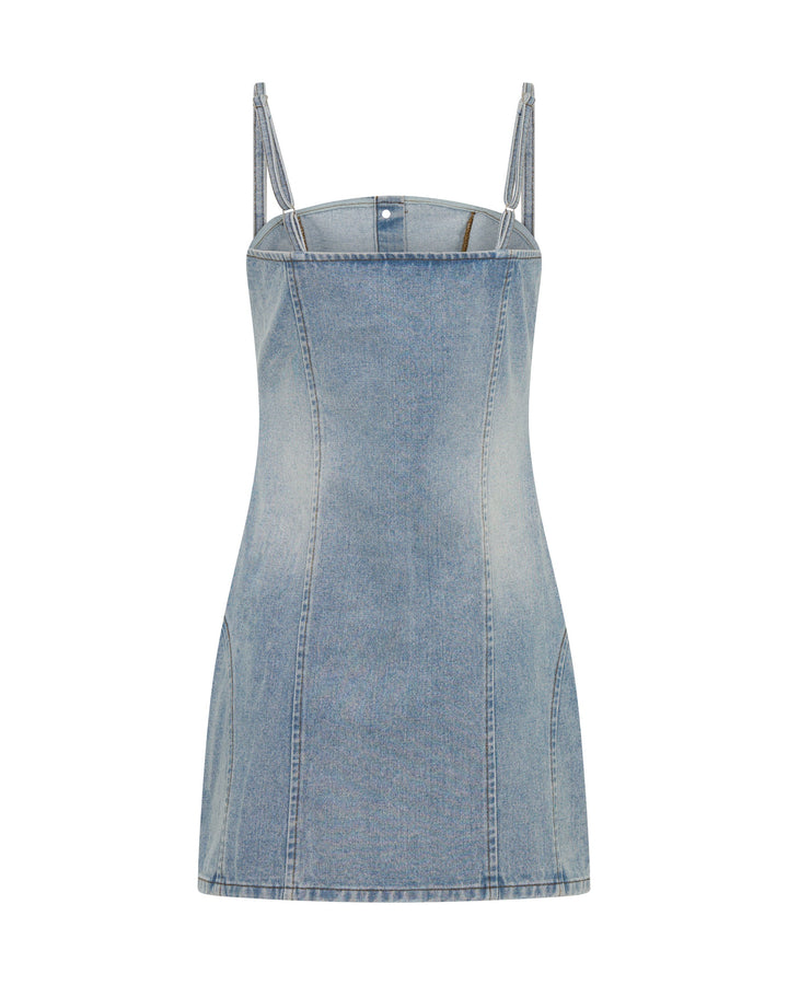 ONE TEASPOON Womens Riviera Fitted Strappy Mini Denim Dress in Hendrixe Blue