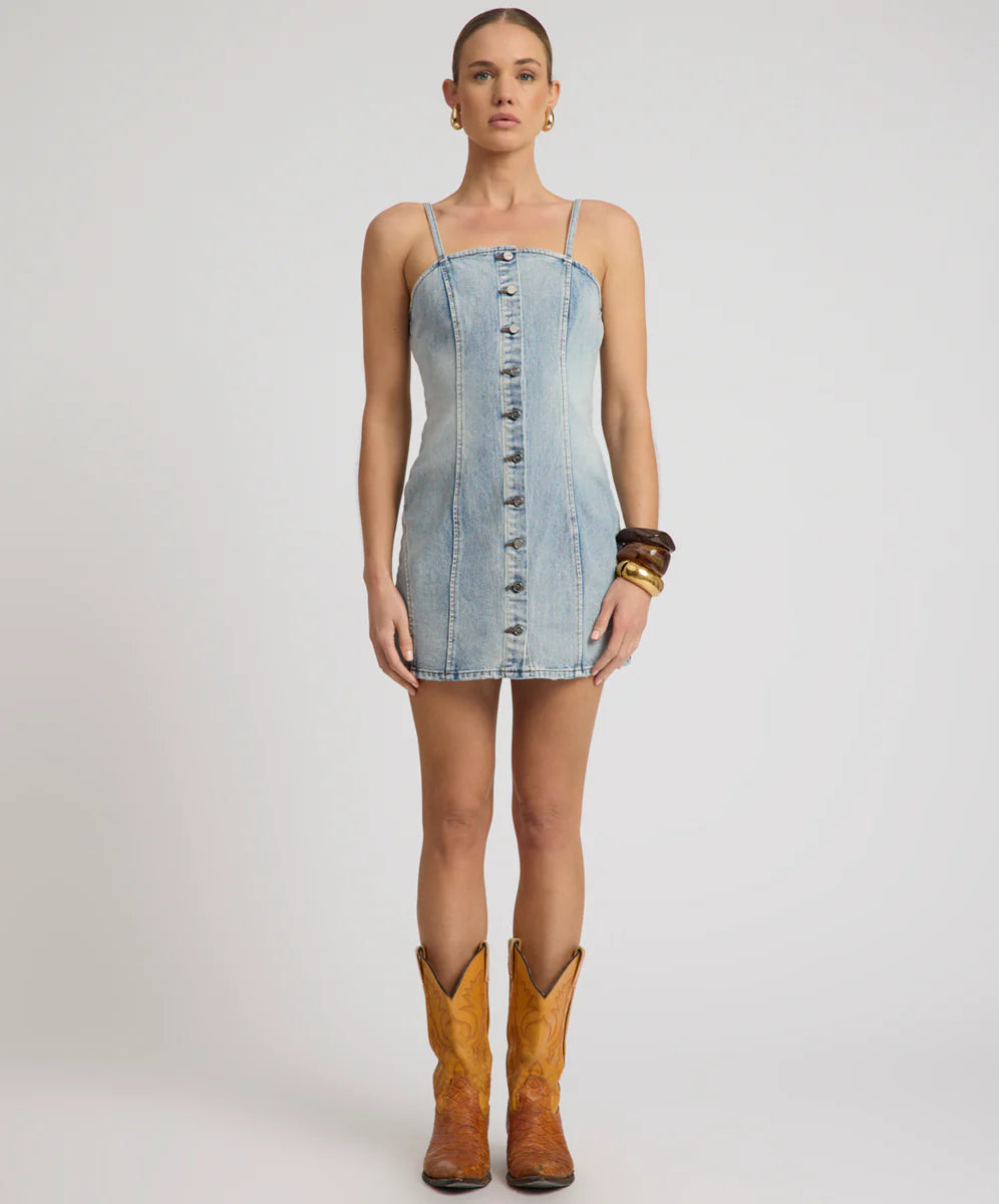 ONE TEASPOON Womens Riviera Fitted Strappy Mini Denim Dress in Hendrixe Blue