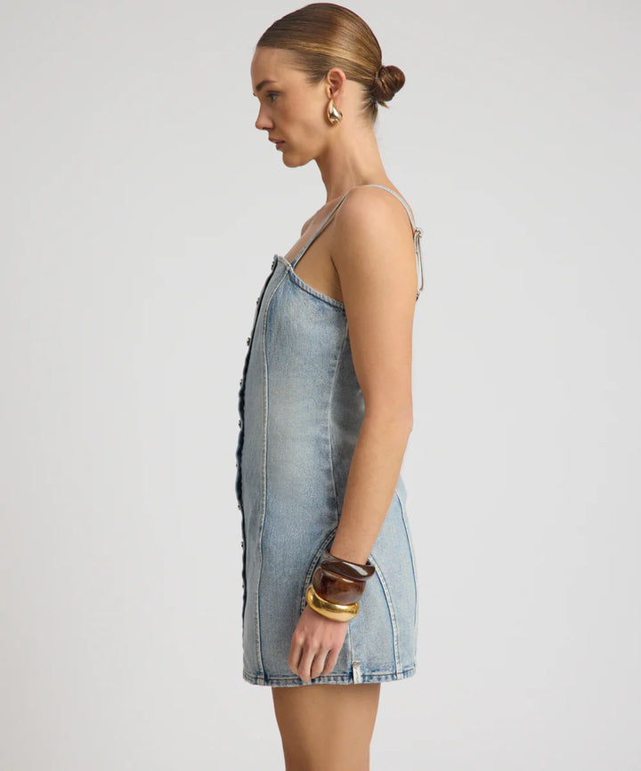 ONE TEASPOON Womens Riviera Fitted Strappy Mini Denim Dress in Hendrixe Blue