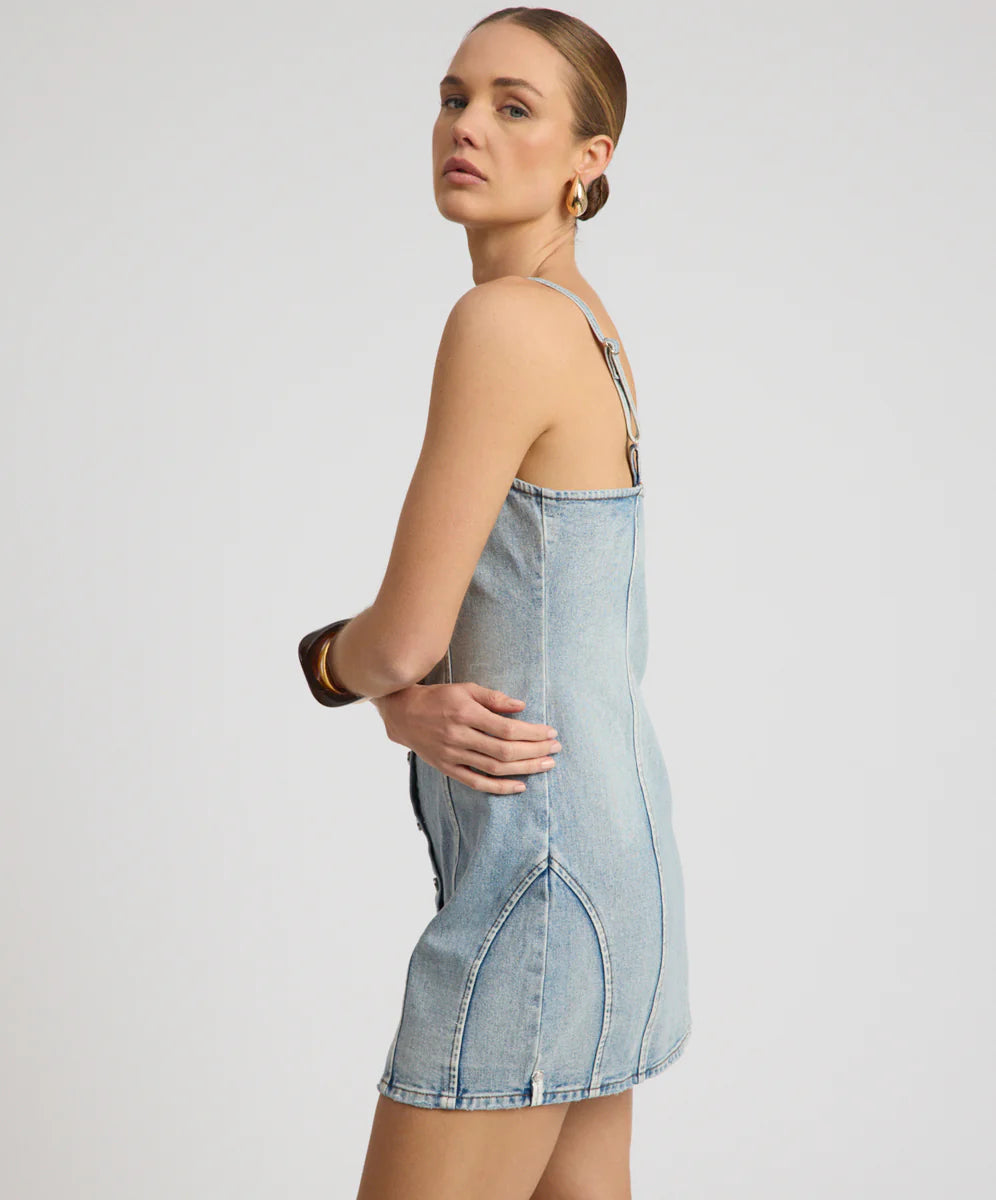 ONE TEASPOON Womens Riviera Fitted Strappy Mini Denim Dress in Hendrixe Blue