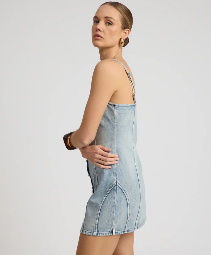 ONE TEASPOON Womens Riviera Fitted Strappy Mini Denim Dress in Hendrixe Blue