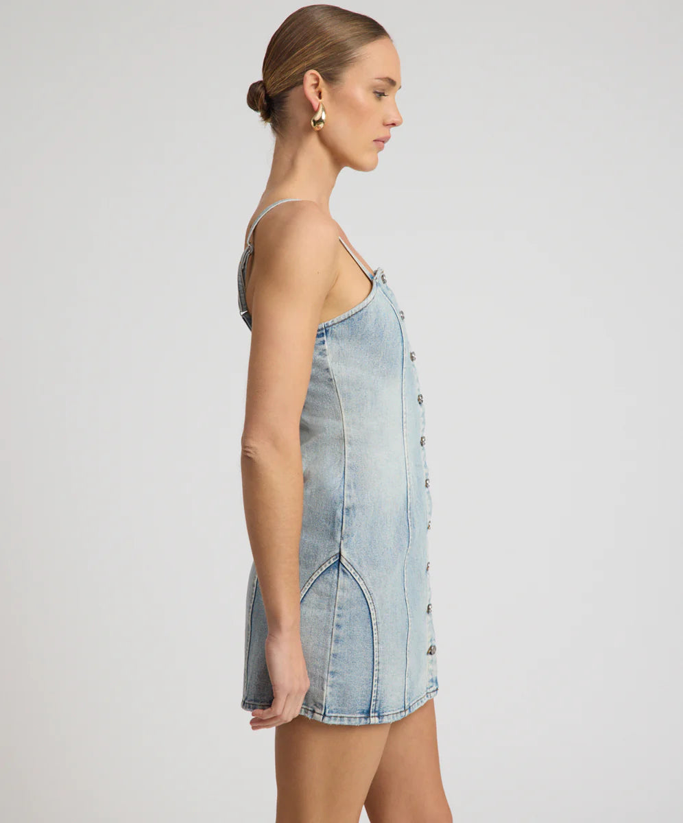 ONE TEASPOON Womens Riviera Fitted Strappy Mini Denim Dress in Hendrixe Blue