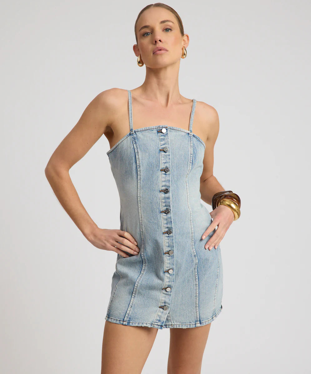 ONE TEASPOON Womens Riviera Fitted Strappy Mini Denim Dress in Hendrixe Blue