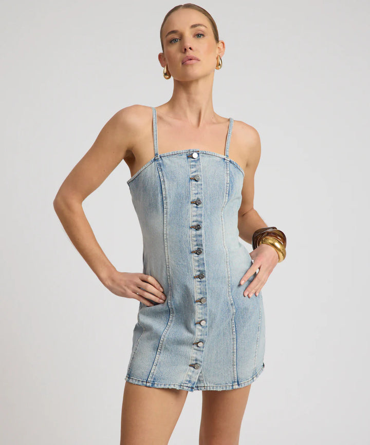 ONE TEASPOON Womens Riviera Fitted Strappy Mini Denim Dress in Hendrixe Blue