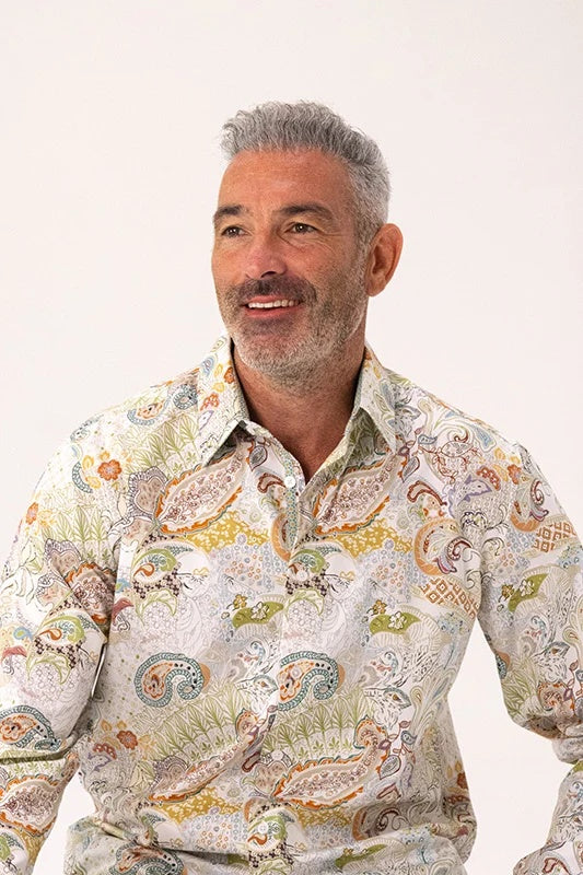 ROCK & ROLL RELIGION Mens Dukifield Long Sleeve Paisley Shirt in Ecru, MENS SHIRTS, ROCK & ROLL RELIGION, Elwood 101
