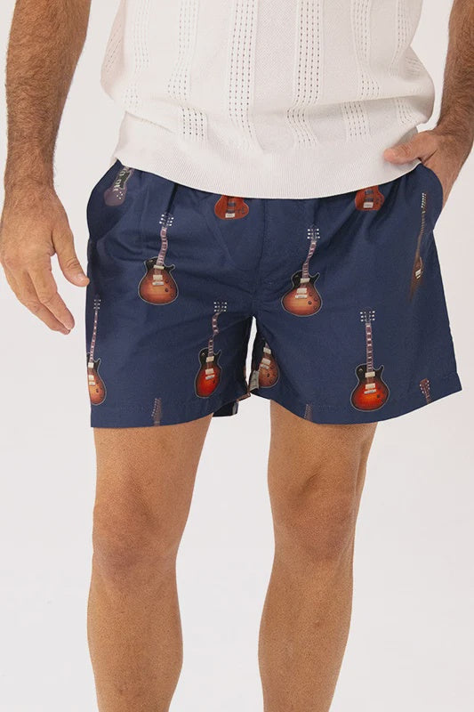 ROCK & ROLL RELIGION Mens Peaty Swim Shorts in Midnight Guitar Print, MENS SHORTS, ROCK & ROLL RELIGION, Elwood 101