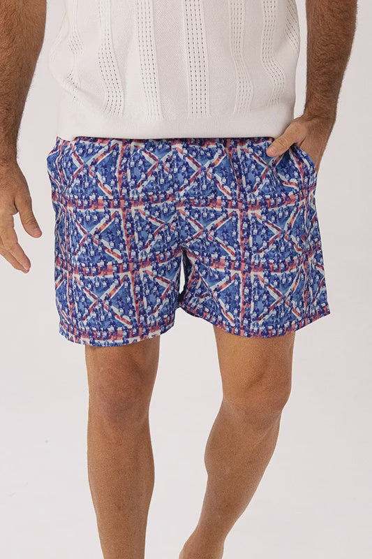 ROCK & ROLL RELIGION Mens Scott Swim Shorts in Blue Union Jack Print, MENS SHORTS, ROCK & ROLL RELIGION, Elwood 101