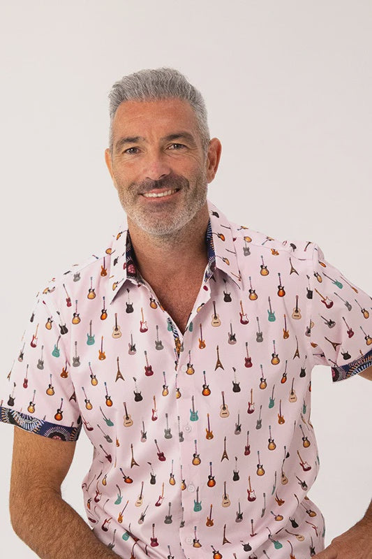 ROCK & ROLL RELIGION Mens Swinton Short Sleeve Shirt in Pink Guitar Print