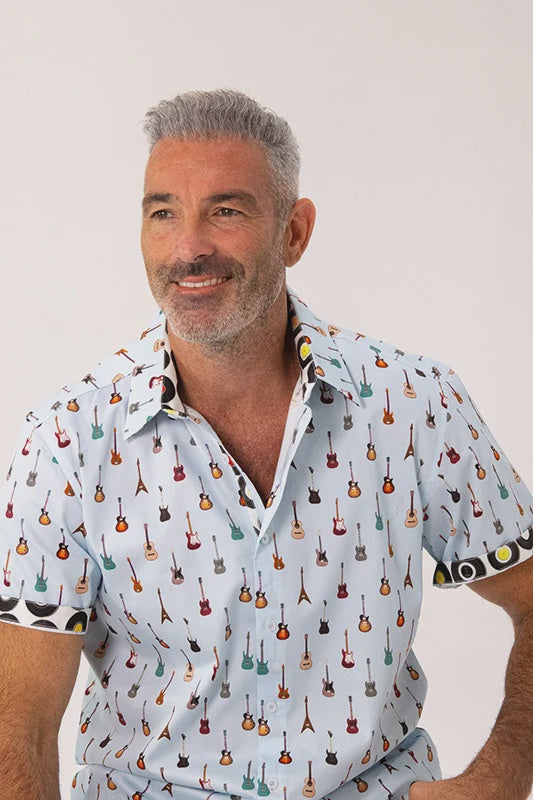 ROCK & ROLL RELIGION Mens Swinton Short Sleeve Shirt in Sky Blue Guitar Print