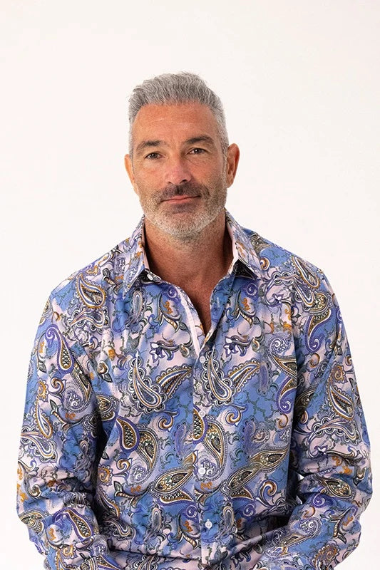 ROCK & ROLL RELIGION Mens Walkden Long Sleeve Paisley Shirt  in Sky, MENS SHIRTS, ROCK & ROLL RELIGION, Elwood 101