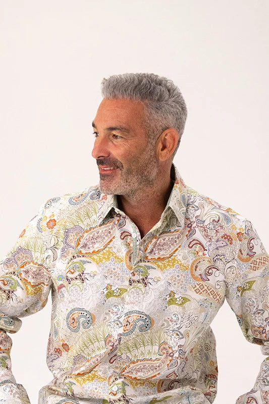 ROCK & ROLL RELIGION Mens Dukifield Long Sleeve Paisley Shirt in Ecru, MENS SHIRTS, ROCK & ROLL RELIGION, Elwood 101