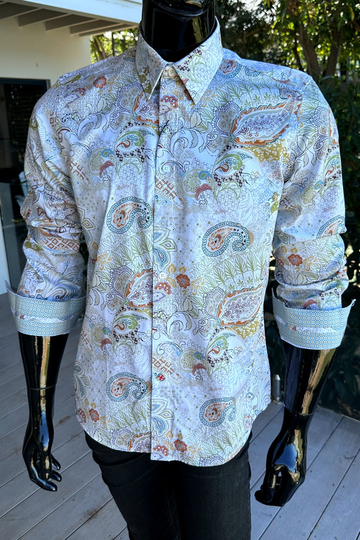 ROCK & ROLL RELIGION Mens Dukifield Long Sleeve Paisley Shirt in Ecru, MENS SHIRTS, ROCK & ROLL RELIGION, Elwood 101