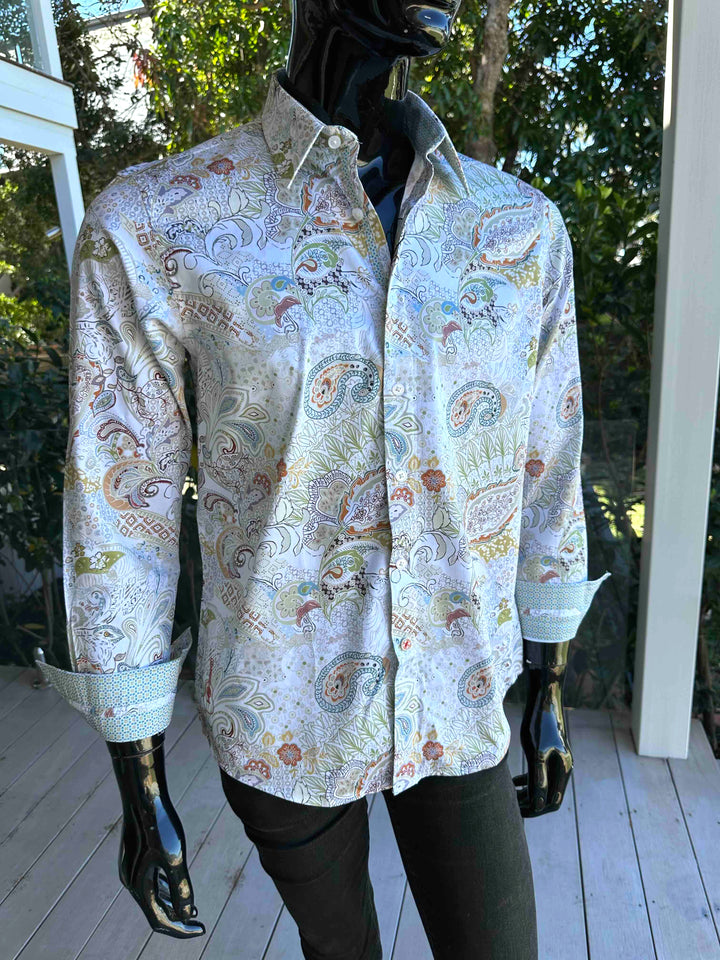 ROCK & ROLL RELIGION Mens Dukifield Long Sleeve Paisley Shirt in Ecru, MENS SHIRTS, ROCK & ROLL RELIGION, Elwood 101