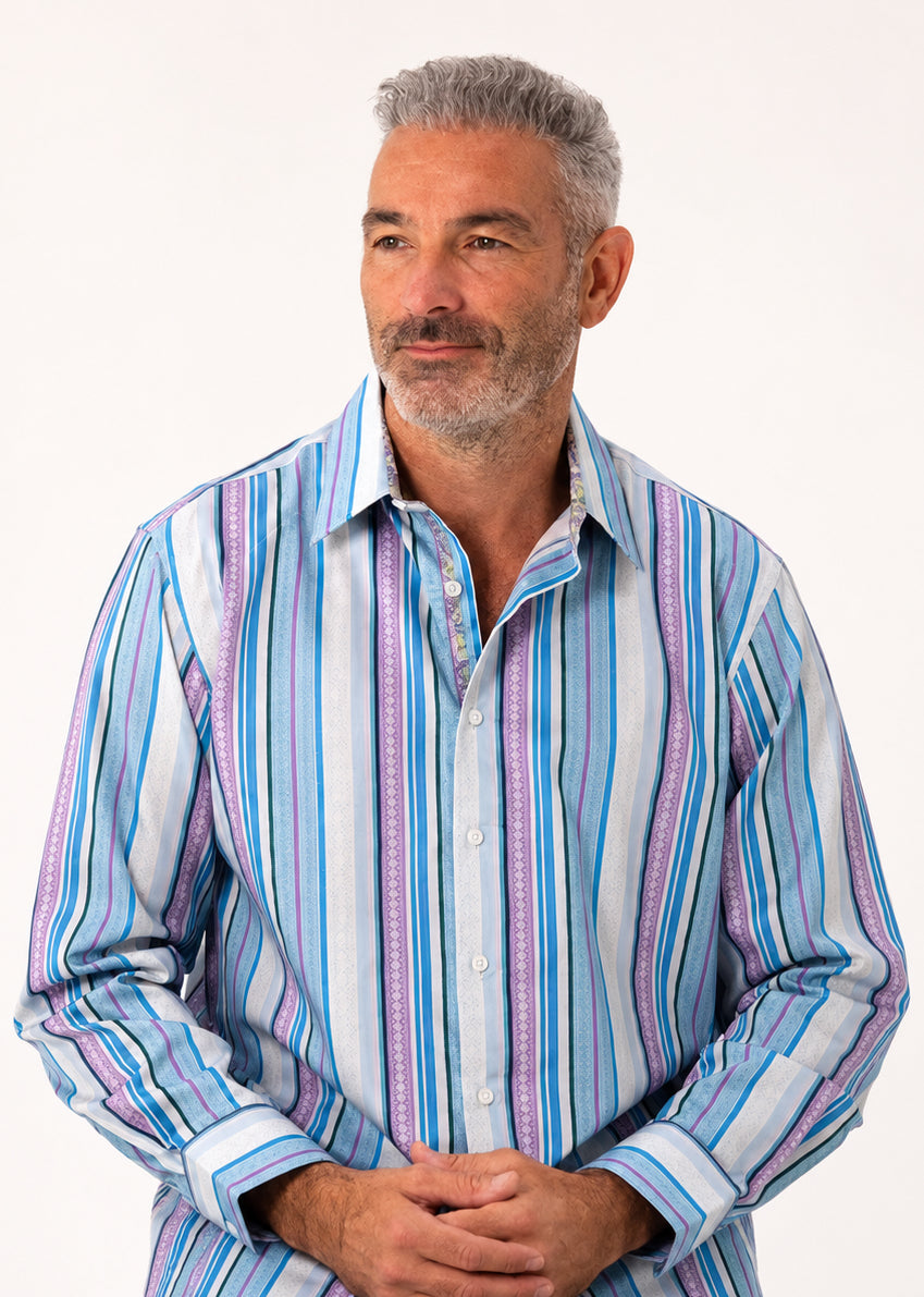 ROCK & ROLL RELIGION Mens Farnworth Stripe Long Sleeve Shirt in Teal, MENS SHIRTS, ROCK & ROLL RELIGION, Elwood 101