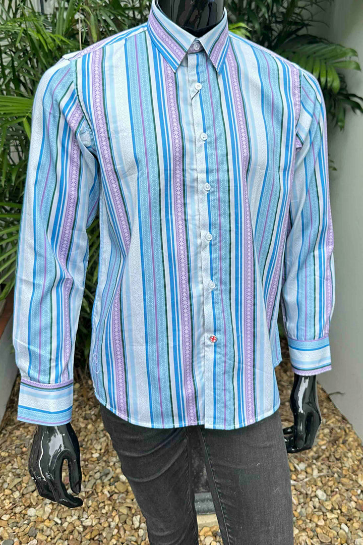 ROCK & ROLL RELIGION Mens Farnworth Stripe Long Sleeve Shirt in Teal, MENS SHIRTS, ROCK & ROLL RELIGION, Elwood 101