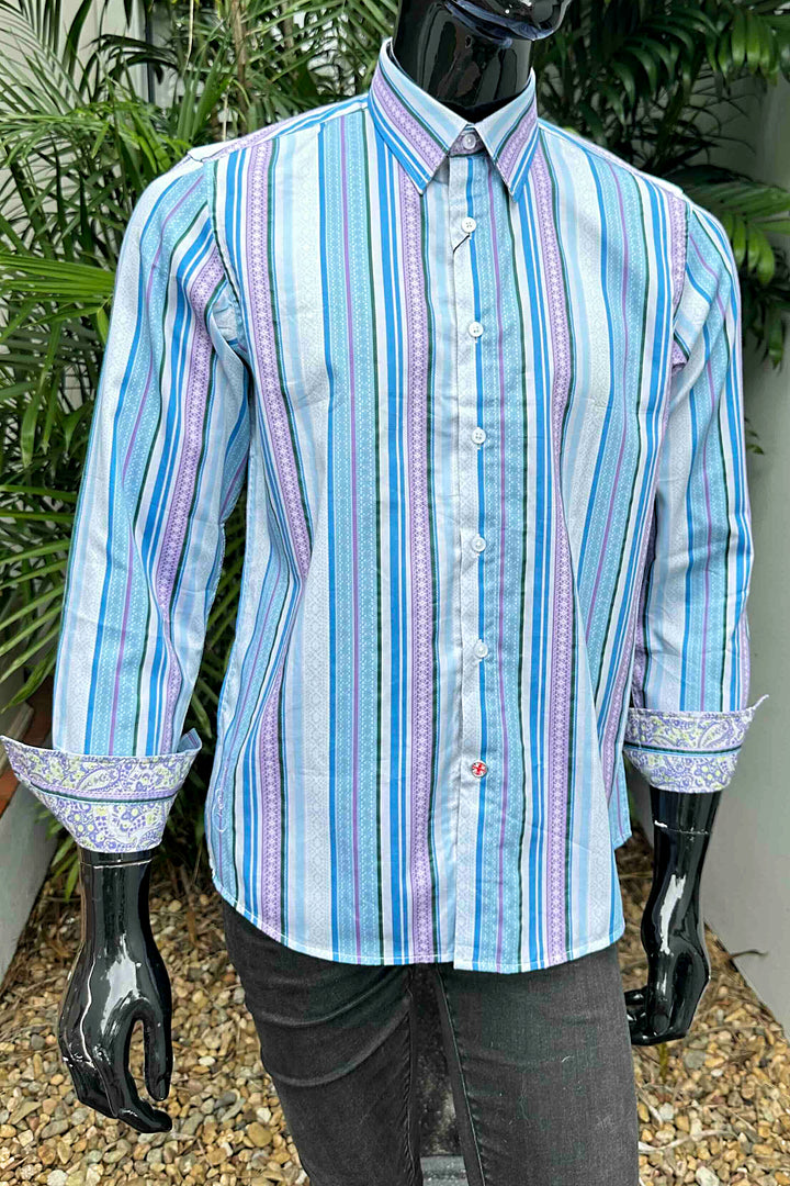 ROCK & ROLL RELIGION Mens Farnworth Stripe Long Sleeve Shirt in Teal, MENS SHIRTS, ROCK & ROLL RELIGION, Elwood 101