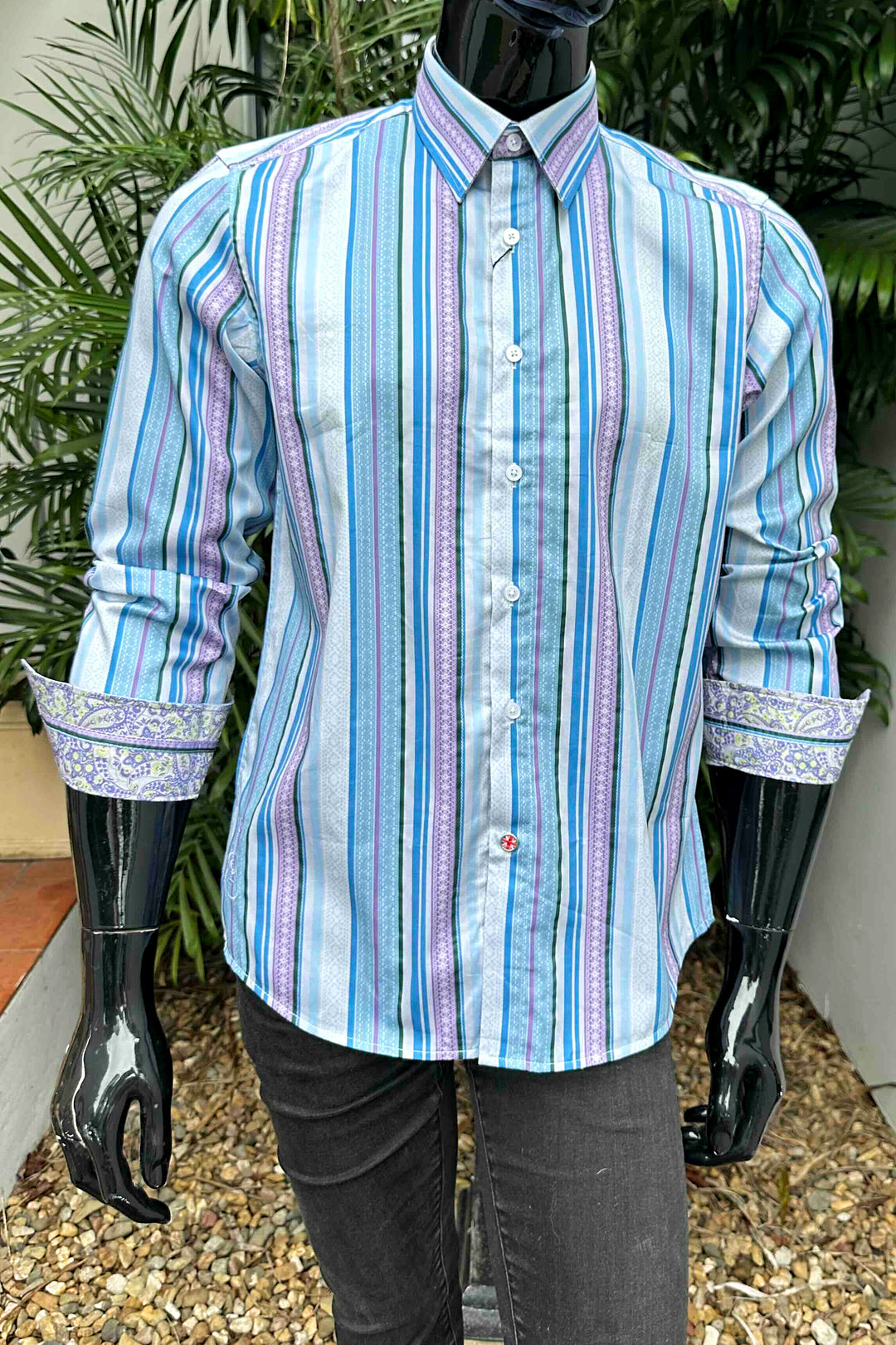 ROCK & ROLL RELIGION Mens Farnworth Stripe Long Sleeve Shirt in Teal, MENS SHIRTS, ROCK & ROLL RELIGION, Elwood 101