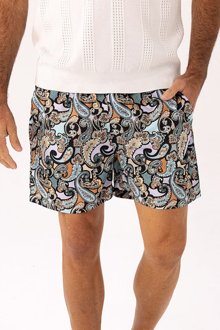 ROCK & ROLL RELIGION Mens Greenback Swim Shorts in Black Paisley, MENS SHORTS, ROCK & ROLL RELIGION, Elwood 101
