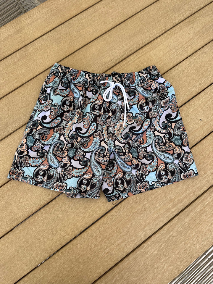 ROCK & ROLL RELIGION Mens Greenback Swim Shorts in Black Paisley, MENS SHORTS, ROCK & ROLL RELIGION, Elwood 101