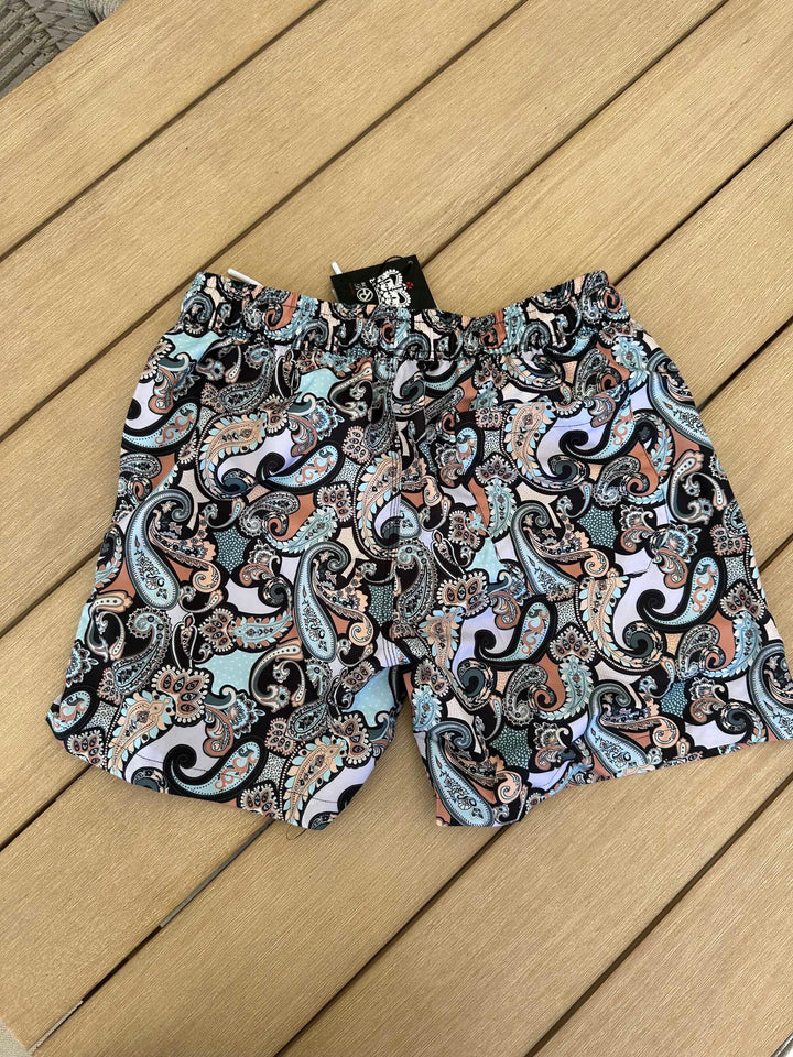 ROCK & ROLL RELIGION Mens Greenback Swim Shorts in Black Paisley, MENS SHORTS, ROCK & ROLL RELIGION, Elwood 101