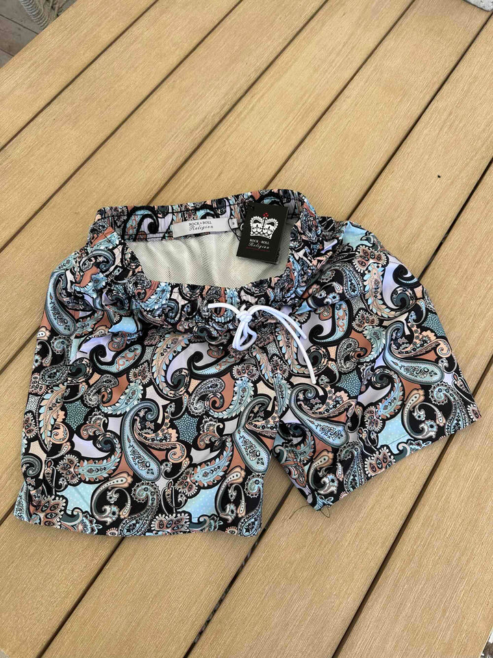 ROCK & ROLL RELIGION Mens Greenback Swim Shorts in Black Paisley, MENS SHORTS, ROCK & ROLL RELIGION, Elwood 101