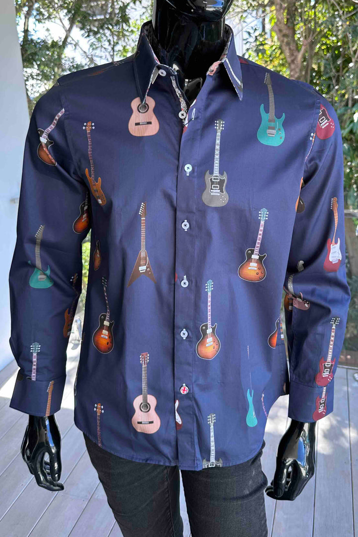 ROCK & ROLL RELIGION Mens Hearsley Long Sleeve Shirt in Midnight Guitar Print