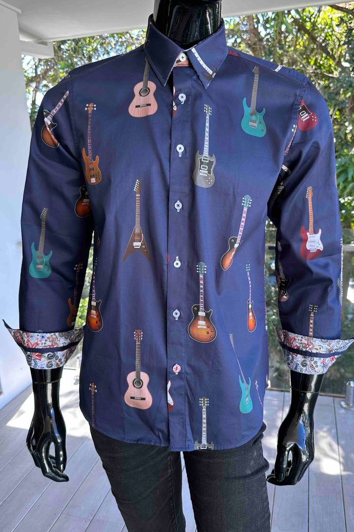 ROCK & ROLL RELIGION Mens Hearsley Long Sleeve Shirt in Midnight Guitar Print