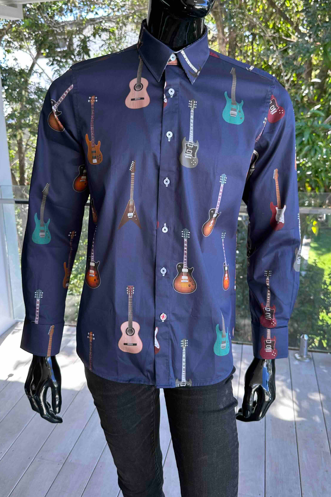 ROCK & ROLL RELIGION Mens Hearsley Long Sleeve Shirt in Midnight Guitar Print